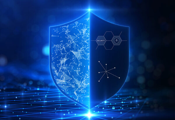 Cybersecurity technology privacy concept to protect data. There is a shield on the right hand side. against a dark blue background with glittering lights as the background.