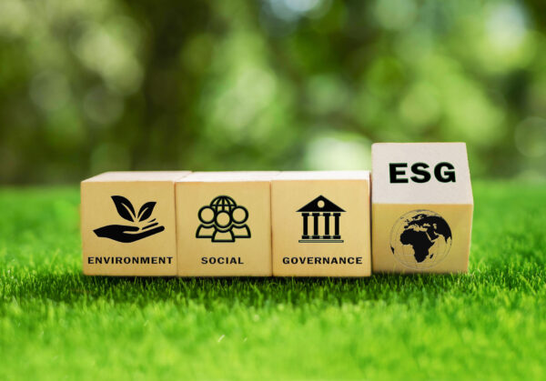 ESG concept of environmental, social and governance. Sustainable and ethical business. wooden cube with text "ESG" surrounding with ESG icon on beautiful green background. World environment day